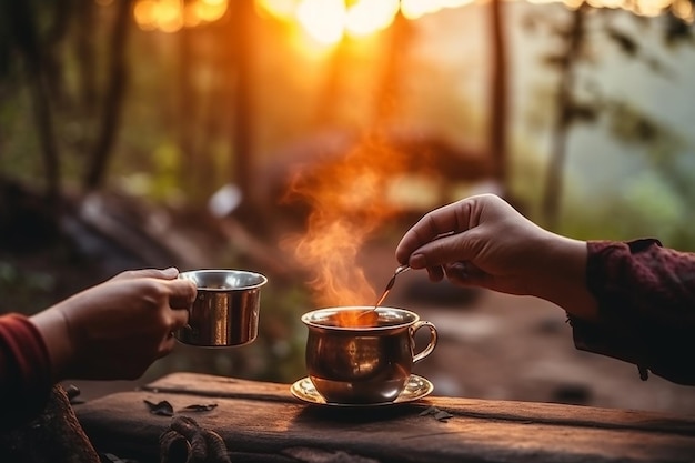 Dos personas bebiendo té en el bosque.