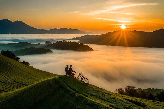 Dos personas en bicicleta de montaña viendo salir el sol sobre las montañas