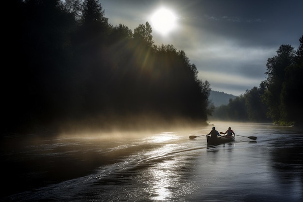 Dos personas en un bote en un río con el sol brillando a través de los árboles.