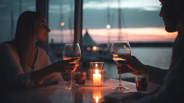 Dos personas brindando con copas de vino en un restaurante