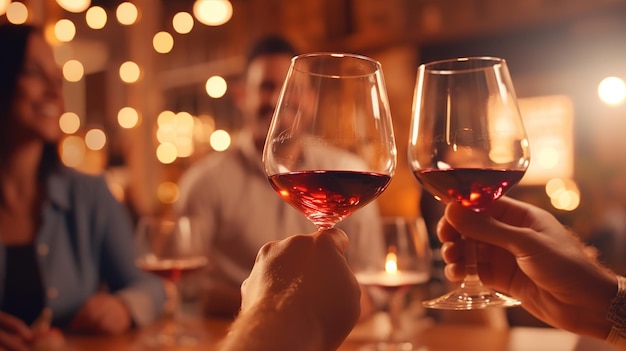 Dos personas brindando copas de vino tinto en un bar.