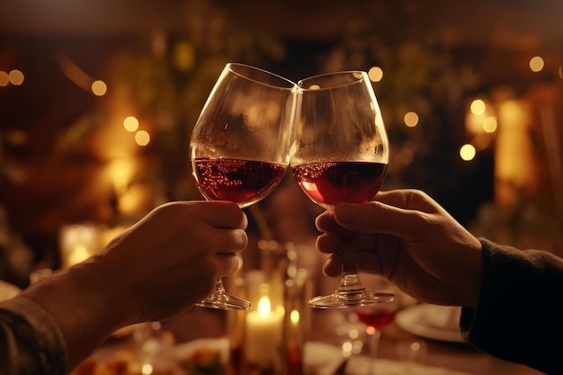 dos personas brindando con vasos de vino en un restaurante.