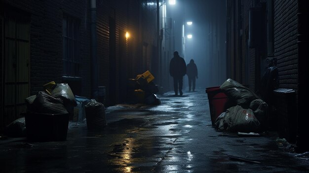 Dos personas en un callejón con basura por la noche