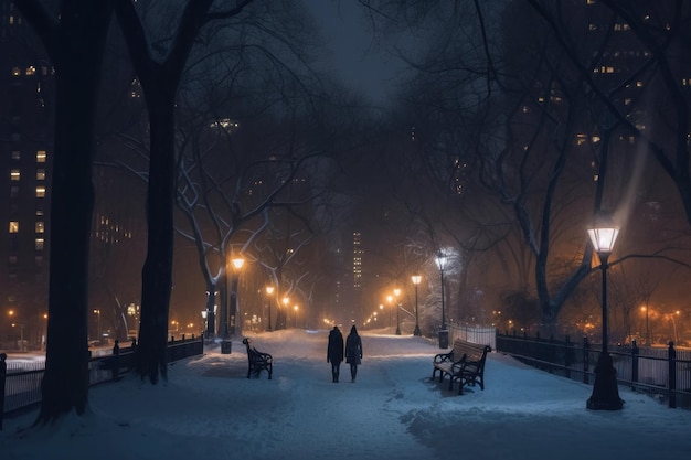 Dos personas caminando por un camino nevado por la noche Imagen generativa de IA
