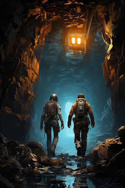 dos personas caminando en una cueva