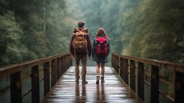 Dos personas caminando por un puente en el bosque