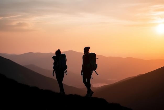 Dos personas caminando sobre una montaña con la puesta de sol detrás de ellos