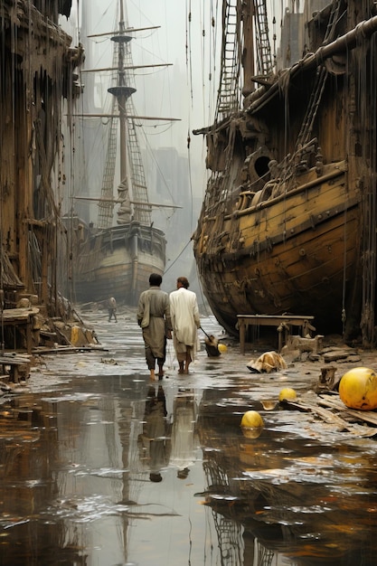 Dos personas caminando en una zona inundada con barcos viejos.