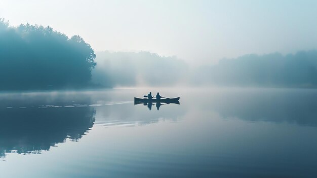 Dos personas en canoa en un lago brumoso rodeado de árboles el agua es tranquila y tranquila el cielo está brumoso la escena es pacífica y serena