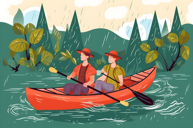 Dos personas en una canoa roja bajo la lluvia