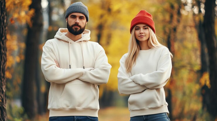 Dos personas con capuchones y gorras casuales se paran con confianza en un parque de otoño