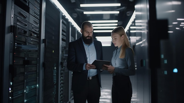 Dos personas en un centro de datos mirando una tableta IA generativa