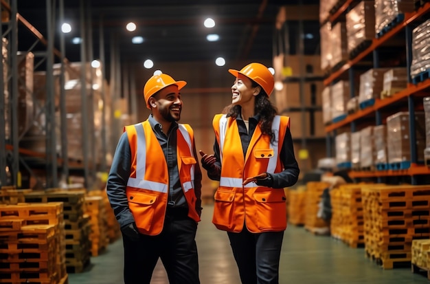 Dos personas con chalecos naranjas hablando en un almacén.