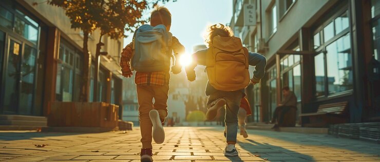 dos personas corriendo por una calle con una mochila en la espalda generativa ai