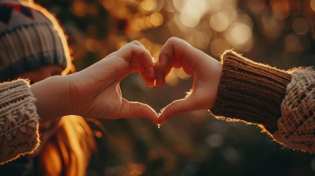 Dos personas creando la forma de un corazón con las manos Gesto de amor y unidad Feliz año nuevo