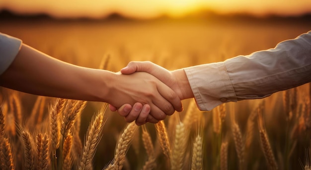 Foto dos personas se dan la mano en el contexto de un campo de grano