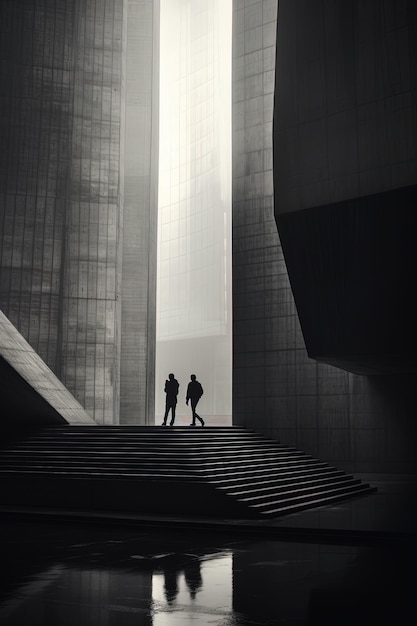 Dos personas se encuentran en las escaleras de un edificio con un gran ventanal al fondo.