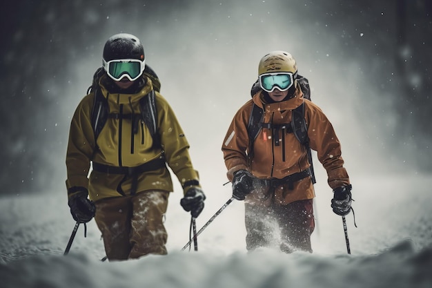 Dos personas con equipo de esquí caminando en la nieve.