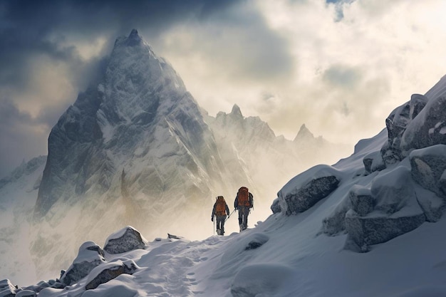 Dos personas escalando una montaña con una montaña al fondo.