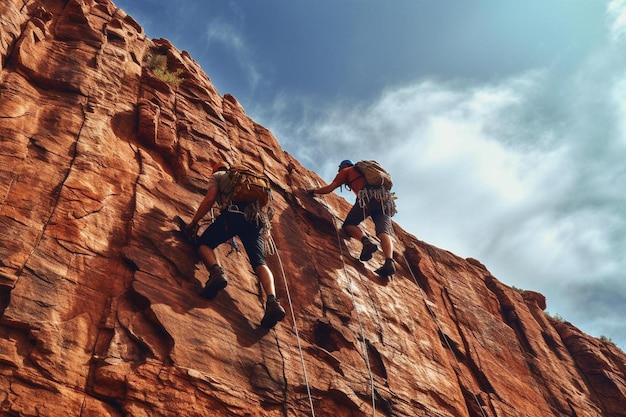 Dos personas escalando una pared de roca con un fondo de cielo