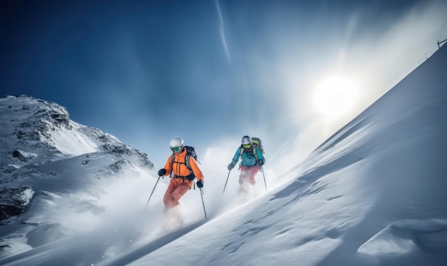 Dos personas esquiando por una montaña nevada con el sol brillando sobre ellos.