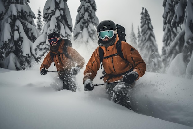 Dos personas esquiando en la nieve con bastones de esquí y bastones de esquí