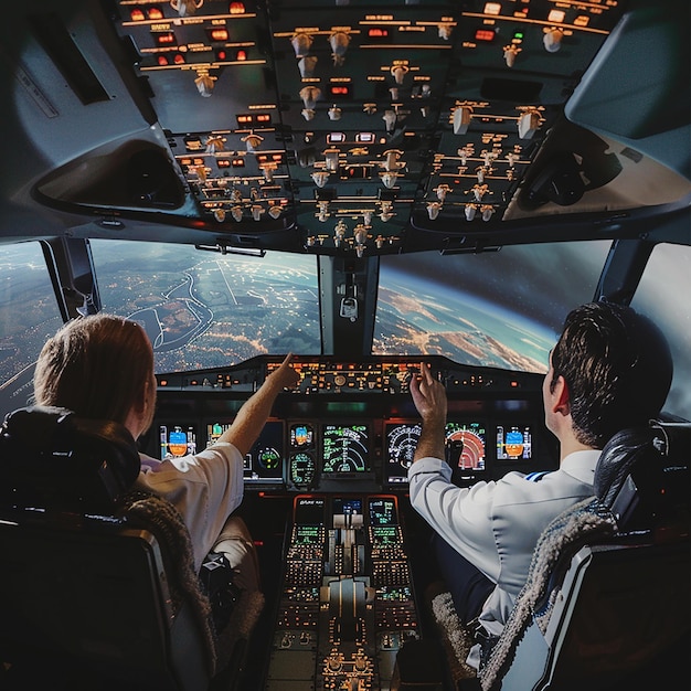 dos personas están en un avión con un mapa del aeropuerto