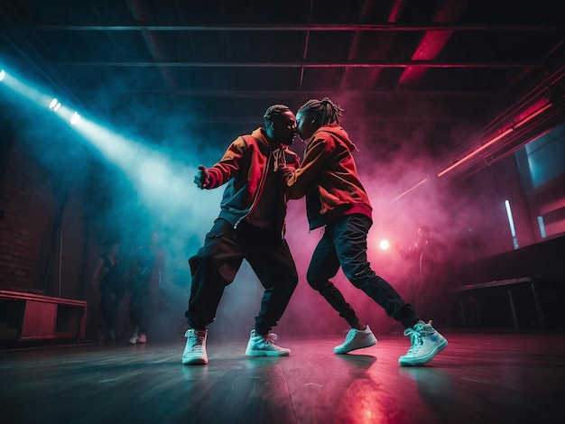 Foto dos personas están bailando en un escenario con luces detrás de ellos