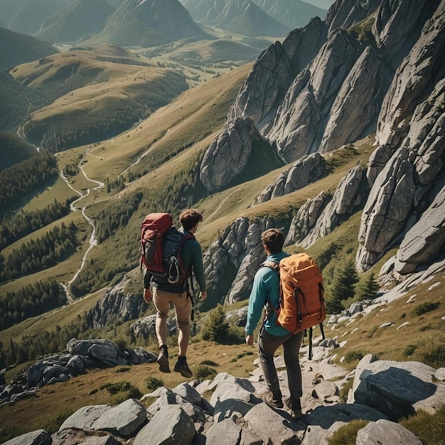 dos personas están caminando en una montaña con montañas en el fondo