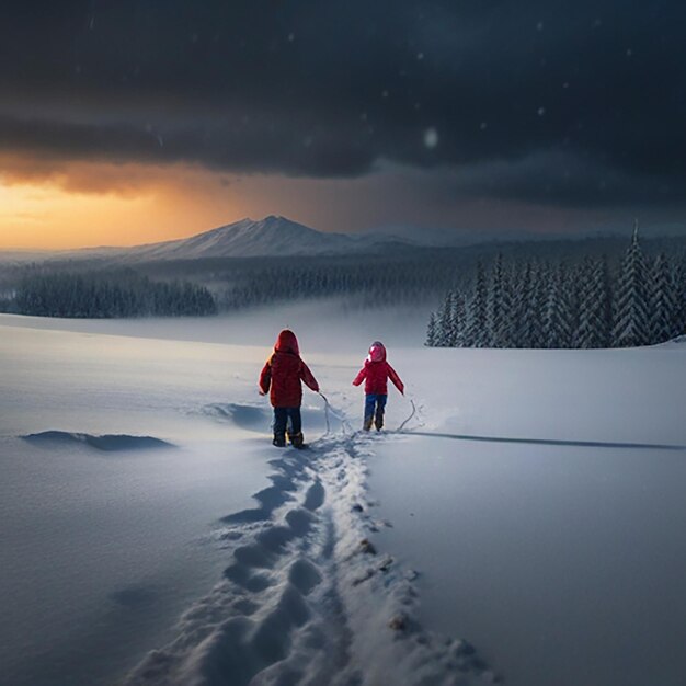 Foto dos personas están caminando en la nieve con esquís