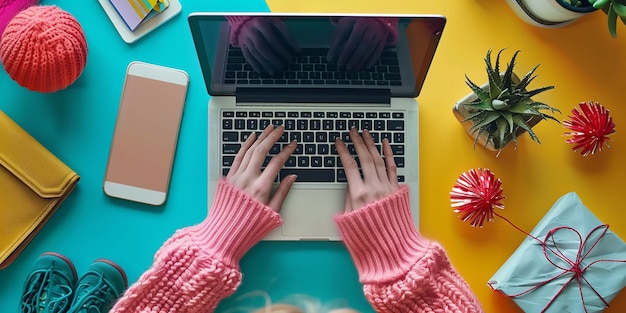 Foto dos personas están escribiendo en una computadora portátil con un suéter rosa en la parte superior