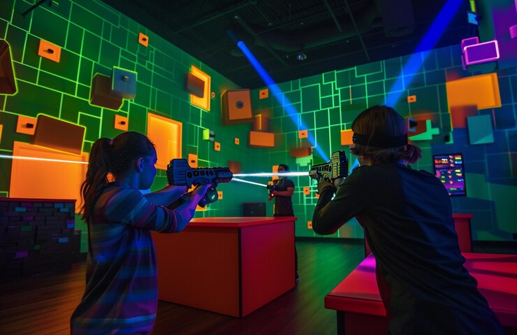 dos personas están jugando un videojuego en una habitación con luces de neón generativa ai