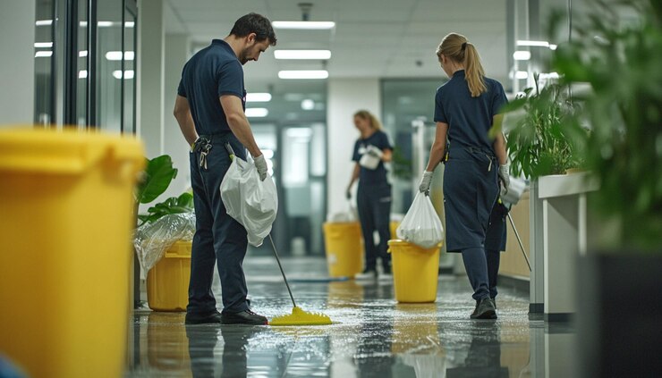 dos personas están limpiando el suelo con una escoba