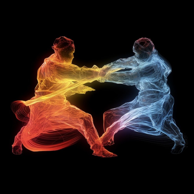 Dos personas están luchando entre sí en un colorido generador de humo ai