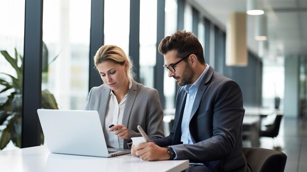 Foto dos personas están mirando una computadora portátil y el hombre está usando un teléfono