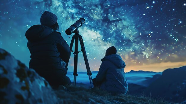 Foto dos personas están mirando las estrellas a través de un telescopio están sentadas en la cima de una montaña el cielo está lleno de estrellas la vía láctea es visible