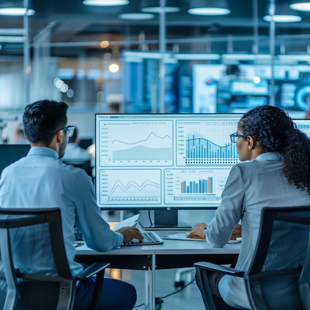 dos personas están mirando una pantalla de computadora que tiene gráficos en ella