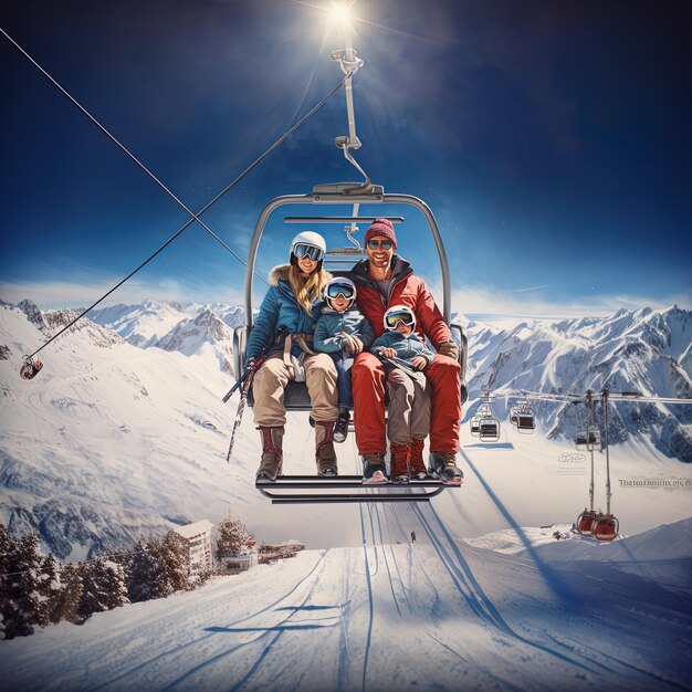 Foto dos personas están montando un ascensor de esquí con el sol brillando en la montaña