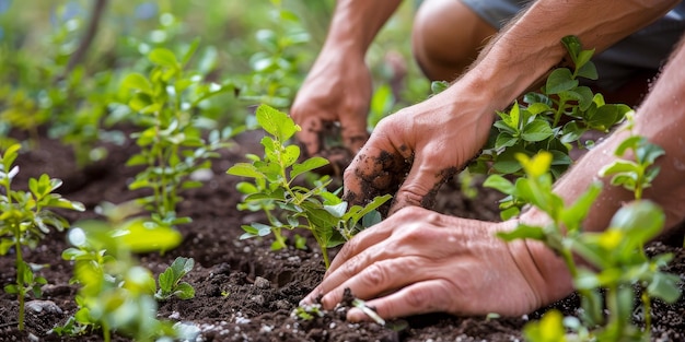 Dos personas están plantando un jardín.