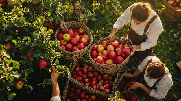 dos personas están recogiendo manzanas de un árbol una de ellas lleva un delantal que dice