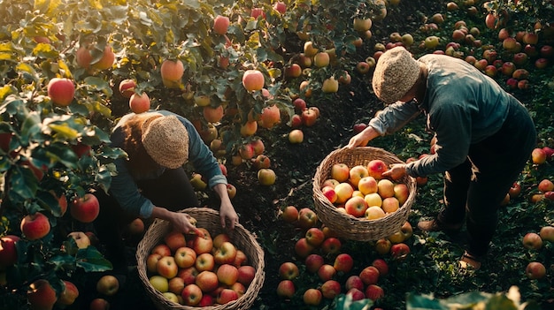 dos personas están recogiendo manzanas de un árbol