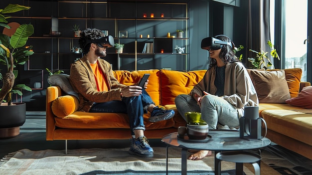 dos personas están sentadas en un sofá y una está usando un auricular de realidad virtual