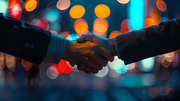 Dos personas estrechando la mano en una iluminación tenue que simboliza el acuerdo o la asociación un momento de unidad profesional en un telón de fondo de evento adecuado para diversos contextos comerciales IA