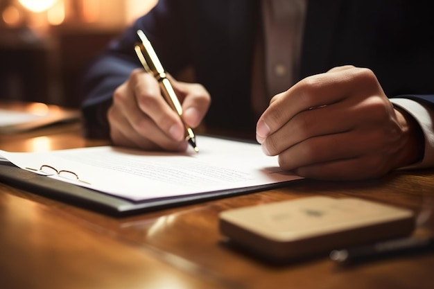 Dos personas firmando un contrato.