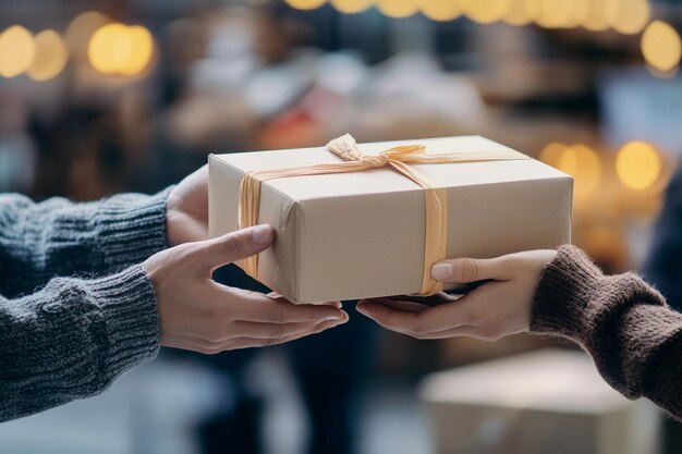 Dos personas intercambian alegres regalos envueltos en una cálida atmósfera festiva