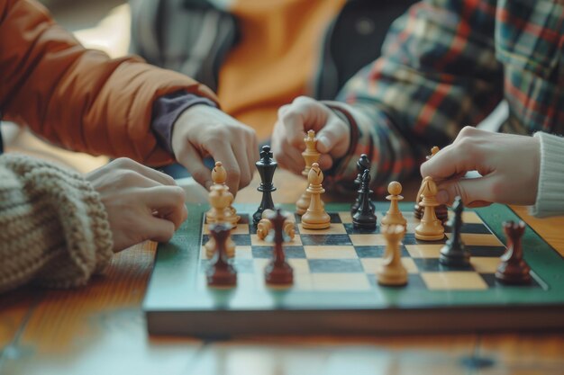 Dos personas jugando un juego de ajedrez en un tablero verde de primer plano sin cara
