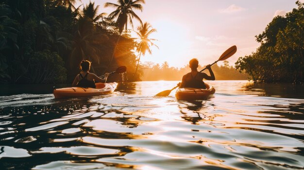 Dos personas en kayak en aguas tranquilas al atardecer rodeadas de exuberante follaje tropical