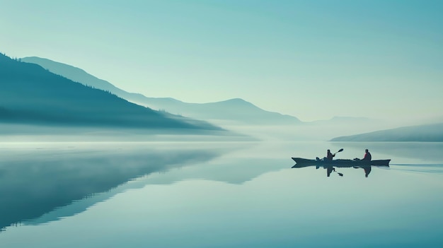 Dos personas en kayak en un lago en una mañana de niebla el agua está tranquila y tranquila las montañas en el fondo están envueltas en niebla