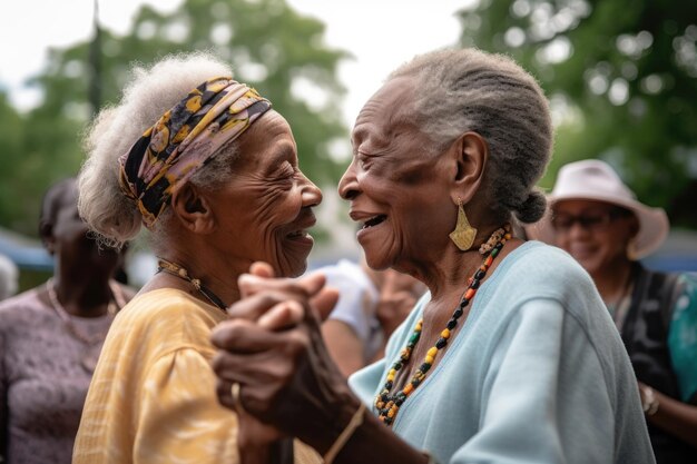 Dos personas mayores bailando juntas en un evento al aire libre creado con IA generativa