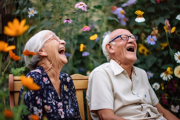 Dos personas mayores riéndose en un jardín.